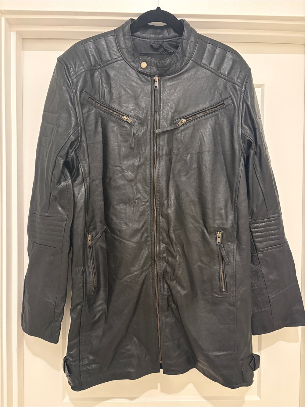 NWOT [Leather Skin] Long Leather Moto Jacket Trench Coat Black Women’s L/Men’s S